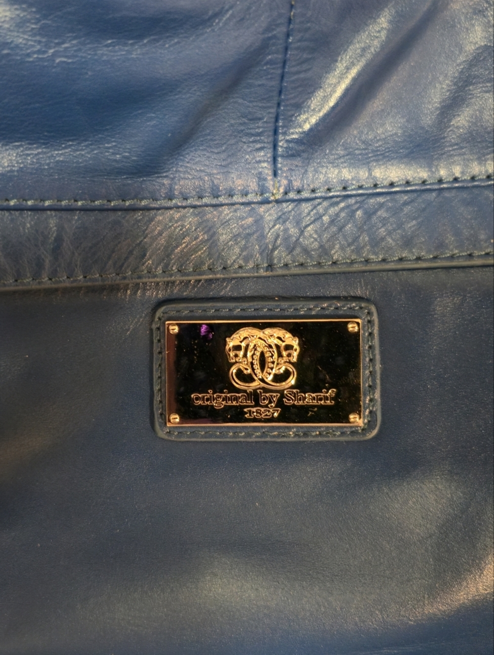 Sharif Blue Leather Shoulder Bag with Yellow Floral Bird-of-Paradise Accent - Picture 6 of 9